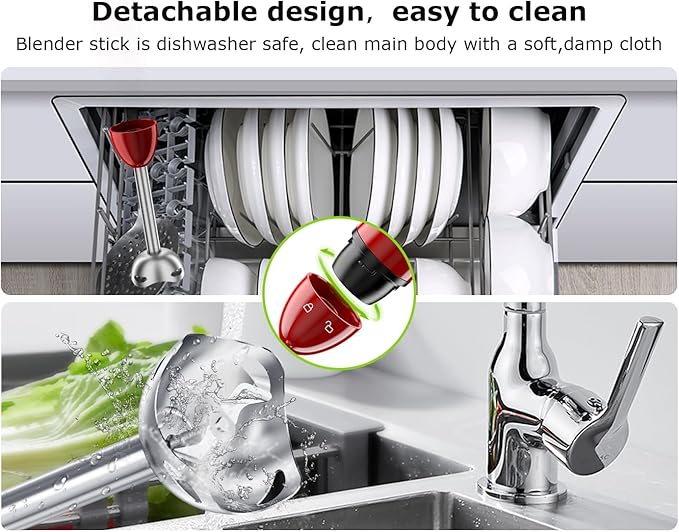 Bonsenkitchen Hand Blender, Immersion Blender with 2 Mixing Speed, Portable Electric Handheld Stick Mixer with Stainless Steel Blades for Soup, Smoothie, Puree, Baby Food, Red