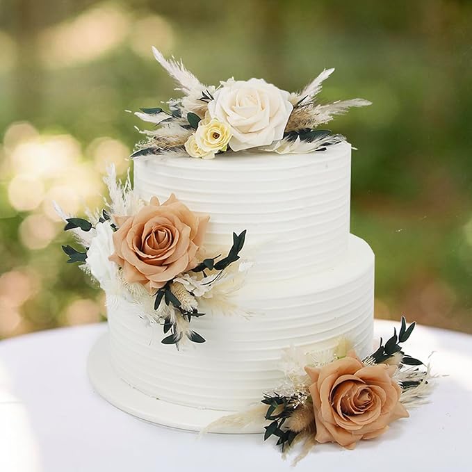 Rinlong 3Pcs Pre-made Boho Cake Toppers Pampas Cake Decorations Birthday Wedding Cake Decorating Flowers Baptism Decor for Women Girls
