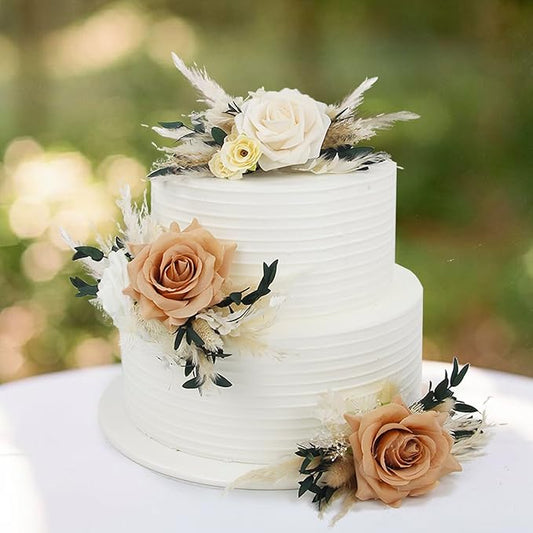 Rinlong 3Pcs Pre-made Boho Cake Toppers Pampas Cake Decorations Birthday Wedding Cake Decorating Flowers Baptism Decor for Women Girls