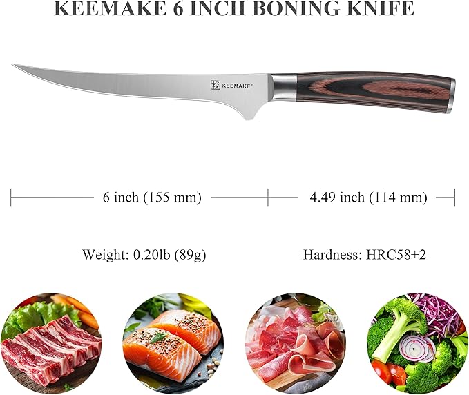 KEEMAKE Boning Knife 6 Inch, Razor-sharp Fillet Knife with High Carbon Stainless Steel Blade and Pakkawood Handle, Professional Kitchen Deboning Knives with Protective Sheath
