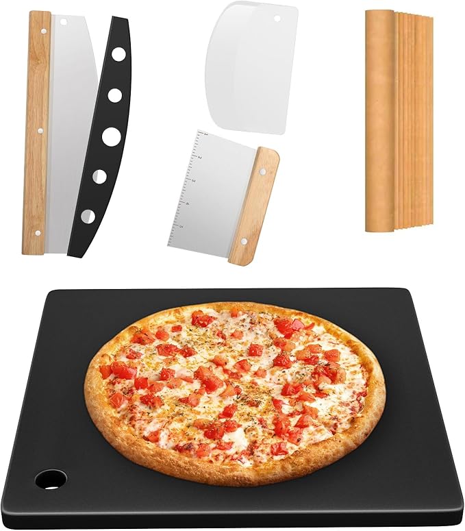 Hisencn Pizza Steel for Oven and Grill, 16 x16 inch Square Ceramic Pizza Steel 1/4" Thick, With Pizza Cutter Rocker, Measuring Scale Scraper, Plastic Cutter & 20 Cooking Papers