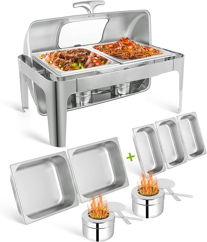 Rectangular Roll Top Chafing Dish Buffet Set, Catering Food Warmer for Parties, Half Full Size & 3 Party-Size Chafing Server Dish, 14QT Water Pan for Birthday Party Thanks Giving New Year Party