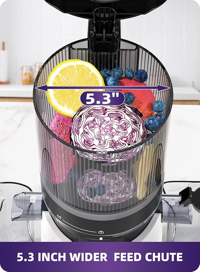 ACOQOOS Juicer Machines, Cold Press Juicer Whole Fruit and Vegetable with 5.3" Wider and Larger Feeding Chute (Capacity 1.8L), Easy to Clean Juicers with 2 Cups, Masticating Juicer White