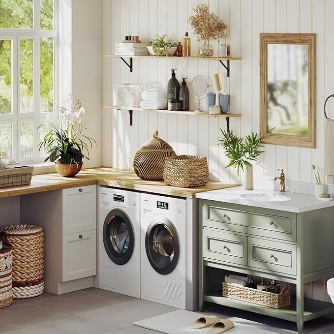 DINZI LVJ Long Wall Shelves, 55.1Inch Wall Mounted Shelves Set of 2, Extra Large Storage Ledges with Sturdy Metal Brackets for Living Room, Bathroom, Bedroom, Kitchen, Natural