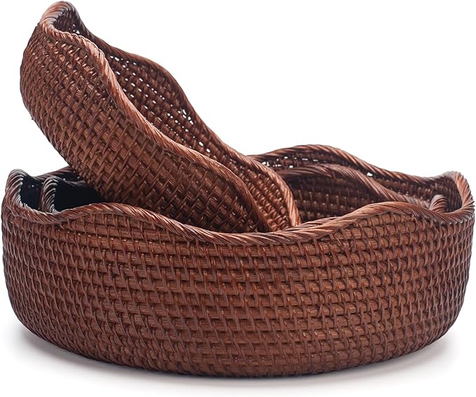 YANGQIHOME Rattan Round Fruit Baskets, Wicker Storage Bowls, Natural Woven Serving Basket Bowls, Decorative Baskets for Kitchen Counter Organizing, Brown, Set of 3