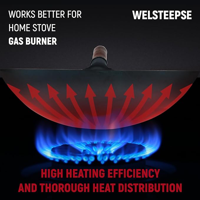 Carbon Steel Wok Traditional Hand Hammered Wok,14 Inch,Round Bottom(Roasted Blue)