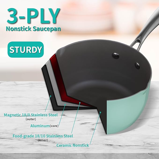 Ceramic Nonstick Tri-Ply Stainless Steel Sauce Pan with Steamer,2.5 Quart Small Multipurpose Pot with Pour Spout,Strainer Glass Lid, 2qt Saucepan for Cooking with Stay-cool Handle,Green
