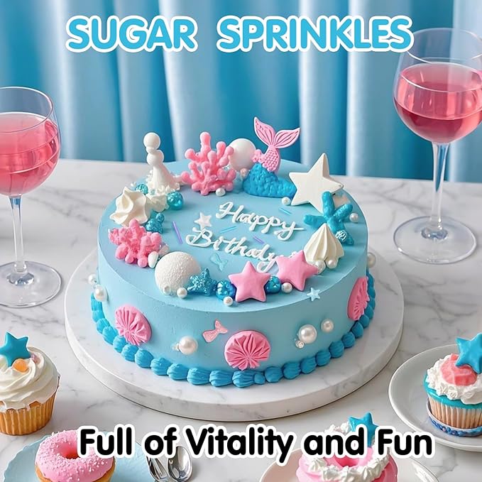 Mermaid Sprinkles,Edible Sugar Pearl Stars Jimmies Mix,130g/4.58oz,Pearl Candy Ocean Sprinkle for Cake Decorating,Summer Baking Fun Decorations,Perfect for Ice Cream,Cookies,Dessert,Donuts,Cupcake Topper,Birthday Children Party Supplies