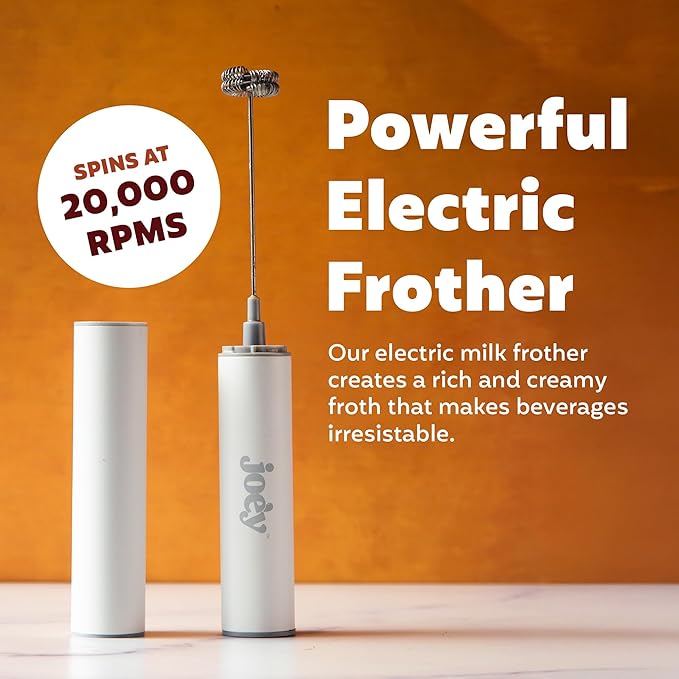 Joe’y High-Grade Milk Frother, USB-Powered Handheld Whisk for Coffee, Lattes, Matcha, Hot Chocolate, Dual-Speed Stainless Steel Frothing Wand with Travel Case, Double-Whisk, White