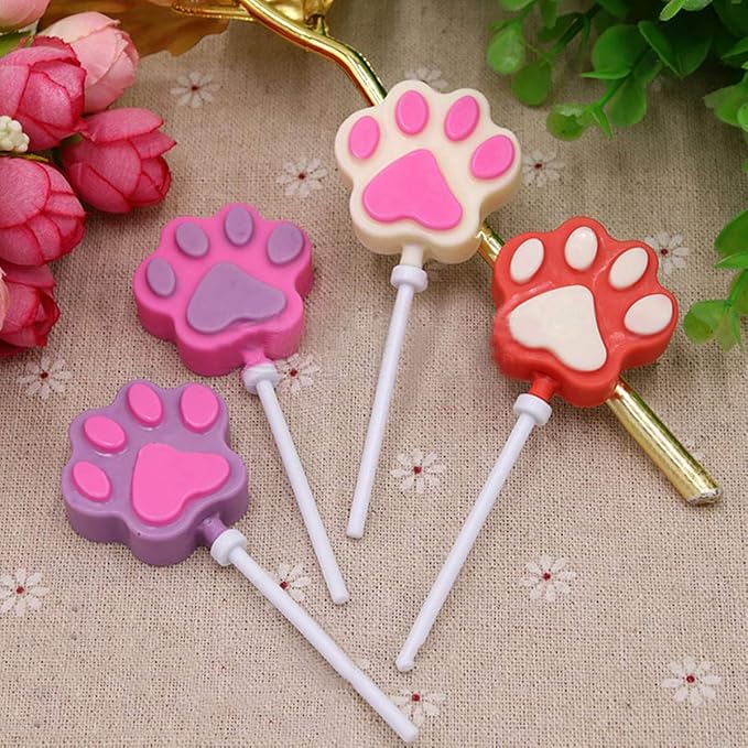 12 Capacity Cat Paw Silicone Lollipop Mold Set, Sucker Molds and Chocolate Hard Candy Mold with 50pcs Lollipop Sucker Sticks, Candy Treat Bags, Gold Ties. (Cat Paw Pink)