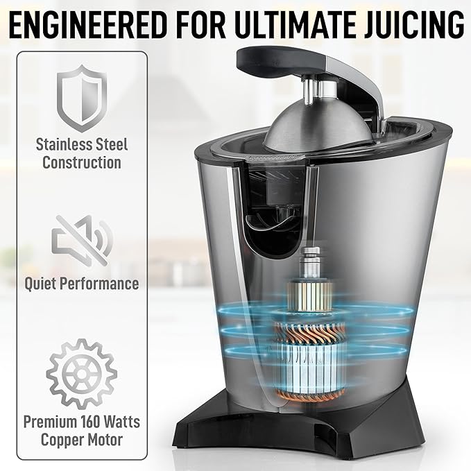 Zulay Electric Citrus Juicer - Makes Fresh Orange, Lemon, Grapefuit, Lime - Stainless Steel, 160W Quiet Powerful Motor, Interchangeable Cones - Filters Out Seeds & Pulp - Dishwasher-Safe Parts - Black