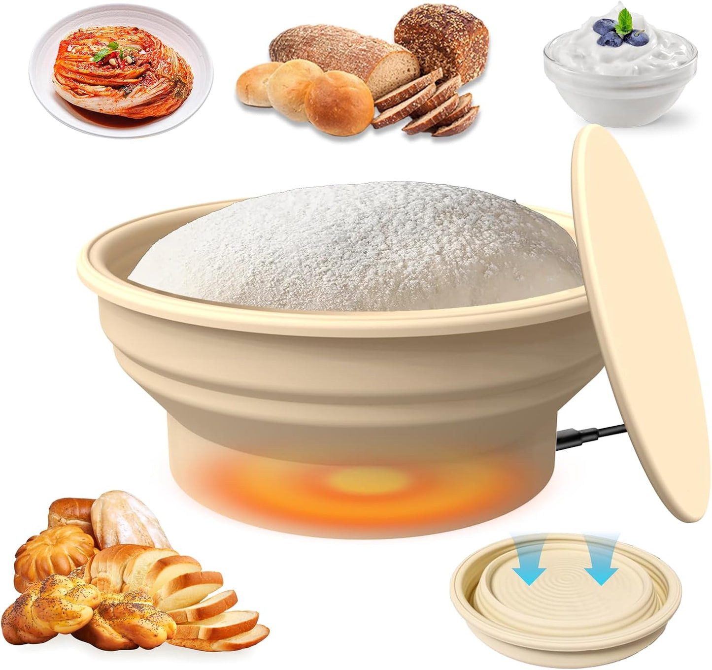 Heating Sourdough Bread Baking Supplies, Bread Proofer with 4 Temperature Settings, Round 9 Inch Foldable Silicone Basket, Yogurt & Pet Food Warmer