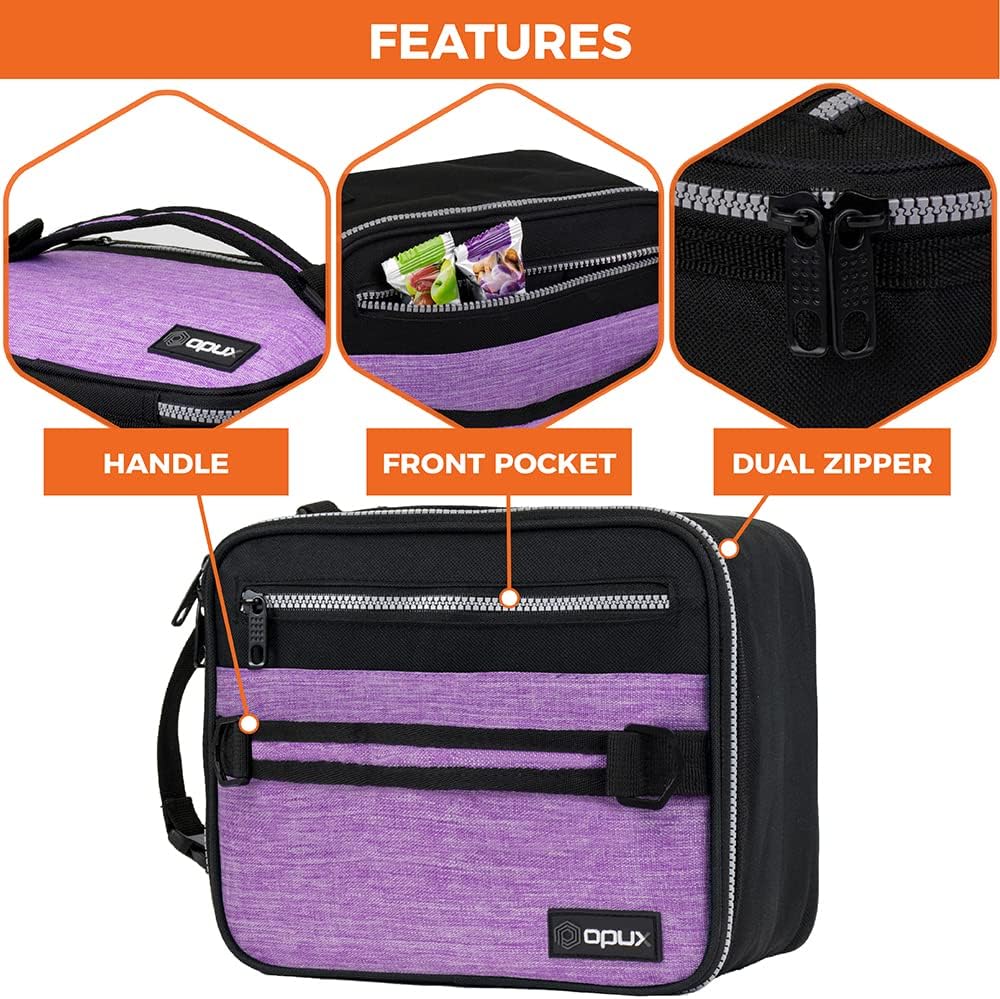 opux Insulated Lunch Box for Men Women Adult, Compact Lunch Bag for Kids Boy Girl Teen, Soft Lunch Cooler Bag for Work School, Leakproof Lunchbox Lunch Pail with Clip-on Buckle, Heather Purple
