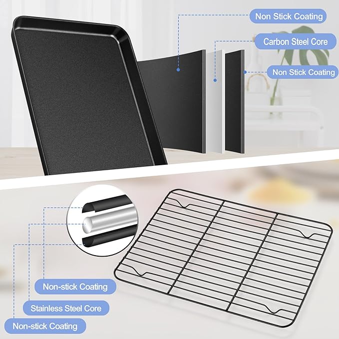 TeamFar Toaster Oven Pan with Rack, 12.5 x 9.7 x 1” Coated Carbon Steel Cookie Baking Pan Tray with Cooling Rack, for Baking/Roasting/Cooling, Healthy & Heavy-Duty, Non-Stick & Easy Clean