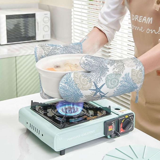 Nautical Coastal Oven Mitts and Pot Holders Sets Silicone Starfish Seashell Coral Beach Themed Kitchen Mitts Potholders Heat Resistant 4Pcs Ocean Oven Gloves Hot Pads for BBQ Grilling,Blue