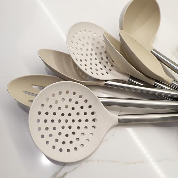 Beille Cream Wheat Straw Slotted Spoon with Stainless Steel Handle Kitchen Utensils, 13 Inch