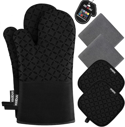 KEGOUU Oven Mitts and Pot Holders 6pcs Set, Kitchen Oven Glove High Heat Resistant 500 Degree Extra Long Oven Mitts and Potholder with Non-Slip Silicone Surface for Cooking (Black)