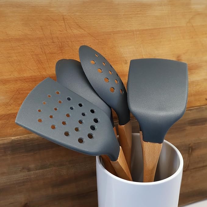 Beille Grey Nylon Spoon with Wooden Handle Kitchen Utensils High Heat Resistance, 13 Inch