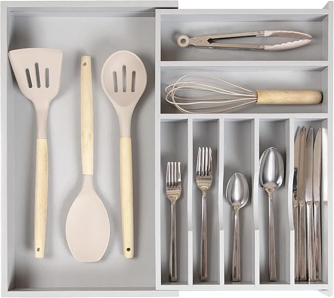 Premium Silverware, Flatware and Utensil Organizer for Kitchen Drawers, Food-Safe Contract Grade, Expandable from 10.5 to 19 In, Gray Bamboo