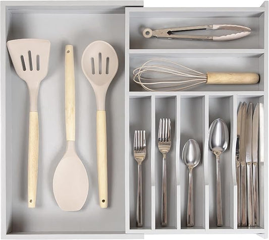 Premium Silverware, Flatware and Utensil Organizer for Kitchen Drawers, Food-Safe Contract Grade, Expandable from 10.5 to 19 In, Gray Bamboo