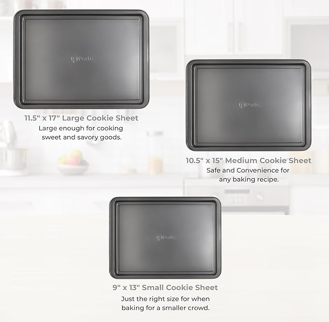 PERLLI Non-Stick 3-Piece Baking Pan Set, BPA-Free Gray Carbon Steel Bakeware Set, Stackable Kitchen Oven Set, Cookie Sheet, Baking Tray, Baking Sheet Set, Oven Safe (446°F)