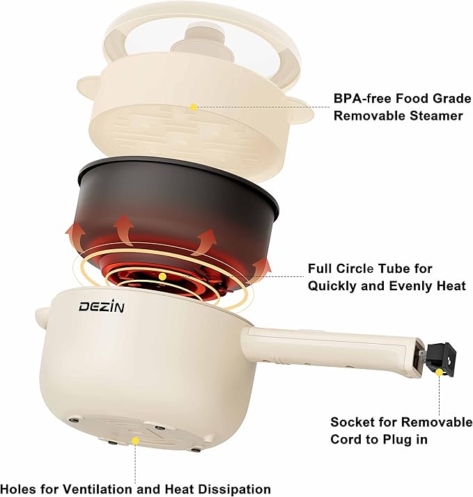 Dezin Electric Cooker, 2L Non-Stick Sauté Pan, Rapid Noodles Cooker, Mini Pot for Steak, Egg, Fried Rice, Ramen, Oatmeal, Soup with Power Adjustment, College Dorm Room Essential(Egg Rack Included)