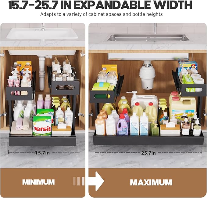 1 Pack-15.7"-25.7"W Expandable Under Sink Organizer With Upgrade Ball-Bearing Slide,2-Tier Pull Out Under Cabinet Organizer Height Adjustable,Not Suitable For Cabinets With Partitions In The Middle