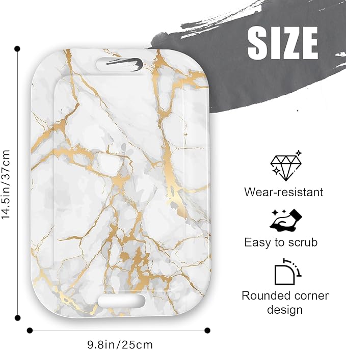 Serving Trays with Handles, 14.5 x 9.8 inch Rectangular Plastic Tray for Restaurant, Kitchen, Golden White Marble