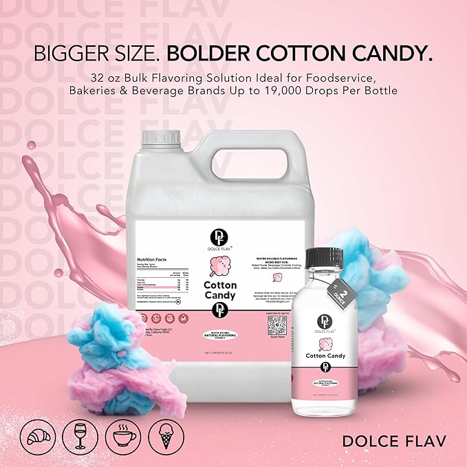 Dolce Flav Cotton Candy Flavoring – 32 oz. – Premium Water-Based Extract for Ice Cream, Boba, Desserts, Beverages & Baked Goods | Great for Cafés, Bakeries & Restaurants