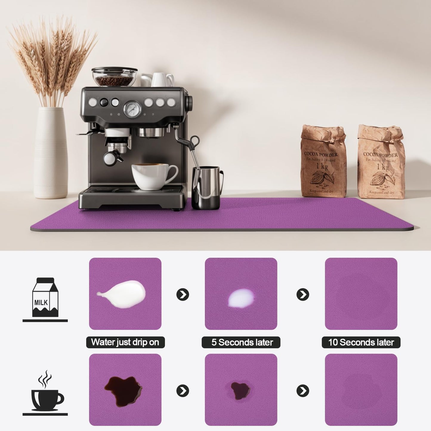 Dish Drying Mat for Kitchen Counter | Coffee Bar Mat for Countertops | Heat Resistant Drainer Mat with Non-slip Rubber Backed | Hide Stain Kitchen Absorbent Draining Mat | Purple 16"x18"