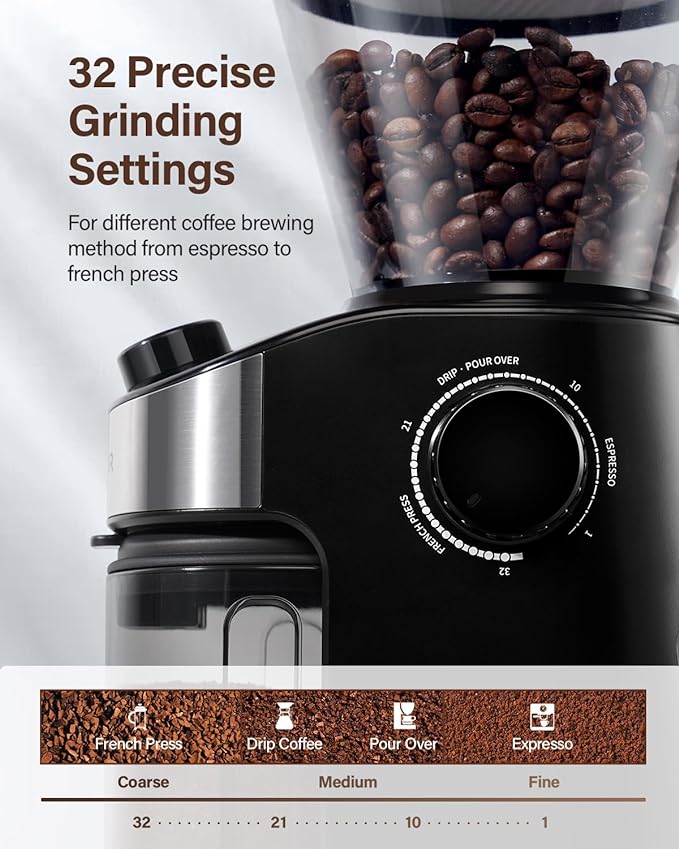 SHARDOR Electric Burr Coffee Grinder, 32 Precision Grind Settings, 40-Second Adjustable Timer, Chamber Cleaning Button, Designed for Coffee Enthusiasts