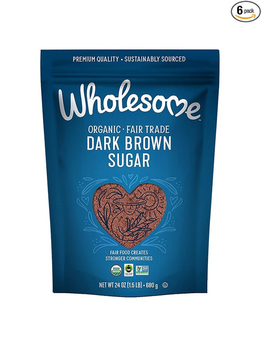 Wholesome Sweeteners 24-Ounce Organic Dark Brown Sugar, Fair Trade, Non GMO, Gluten Free & Vegan, Sugar for Baking and Glazing, 6 Pack