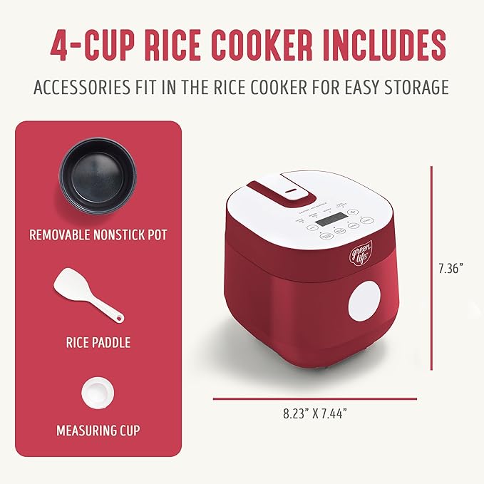 GreenLife Digital Rice Cooker, 2-Cups Uncooked/4-Cups Cooked, Removable Nonstick Ceramic PFAS-Free Pot, One-Touch Presets, Oats, Quinoa, Brown Rice, Auto Keep Warm, Fuzzy Logic Tech, 1.5 QT, Red