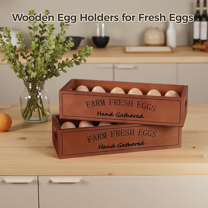 2 PCS Wooden Egg Holders, Farm Fresh Egg Baskets, Open Design with Handle, Holds 12 Eggs per Compartment, Ideal for Kitchen Countertop, Simple and Quality Storage Solution