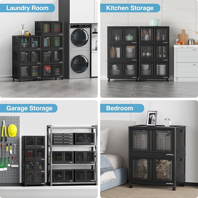 600Qt Stackable Storage Bins with Lids, 150Gal Closet Organizers and Storage Drawer, Plastic Collapsible Storage Bins with Doors, Heavy Duty Store Box Cabinet for Home Office, 6 Pack Black