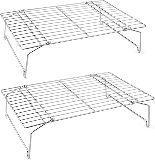 P&P CHEF Cooling Rack Set of 2, 2-Tier Stackable Stainless Steel Wire Racks for Baking Cooking Cooling Roasting, Collapsible & Heavy Duty, Oven Safe & Easy Clean, 15" x 10", Silver