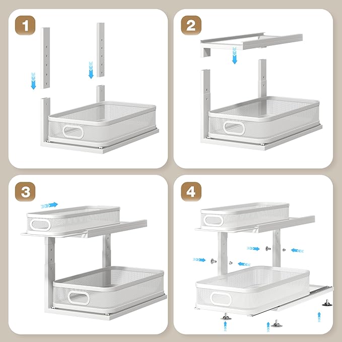 2 Pack 18.5IN-Depth Under Sink Organizer With Next-Gen Ball-Bearing Slides,2-Tier Precision Mesh Pull Out Cabinet Storage for Bathroom&Kitchen,Height Adjustable Drawers Shelf,Anti-rust-White