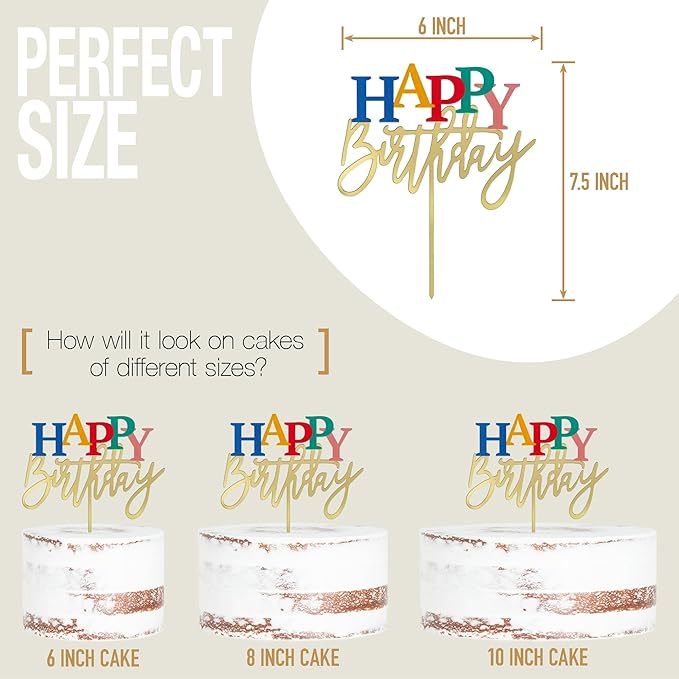 Acrylic Gold Happy Birthday Cake Topper, 7.5" x 6" Rainbow Birthday Cake Decoration (Gold)