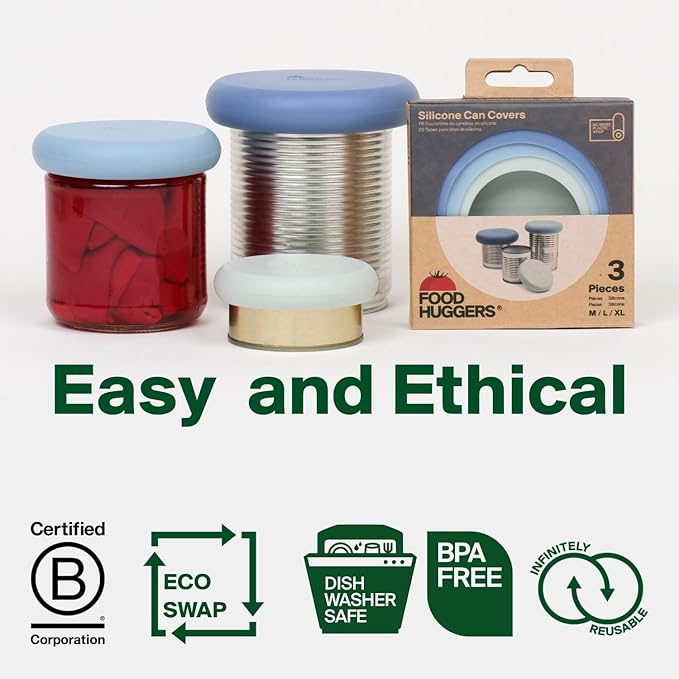 Food Huggers 3 Can Covers | Reusable Can Lids Snugly Seal Cans and Jars | 100% Food Grade Durable Silicone | Plastic Free (Blue)