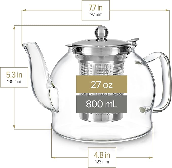 Teabloom Dublin Glass Teapot – Premium Borosilicate Glass with Removable Stainless Infuser – Stovetop Safe – Ideal for Loose Leaf Tea – Tea for Two – 27 oz. / 800 ml (2-3 Cups)