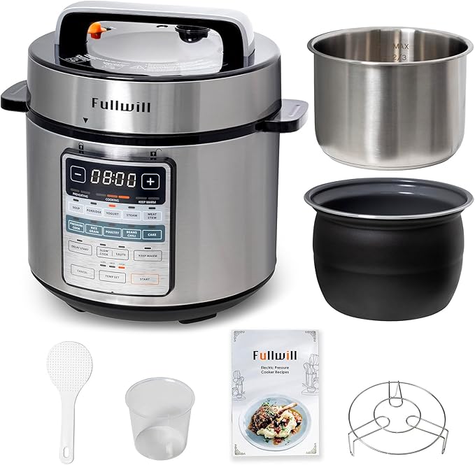 Fullwill Electric Pressure Cooker 6QT Dual Pots, 12 in 1 MultiFunction Cooker with 304 Stainless Steel & Ceramic Pots, Pressure Cook, Soup, Porridge, Yogurt, Meat Stew, Rice, Poultry, Beans and More