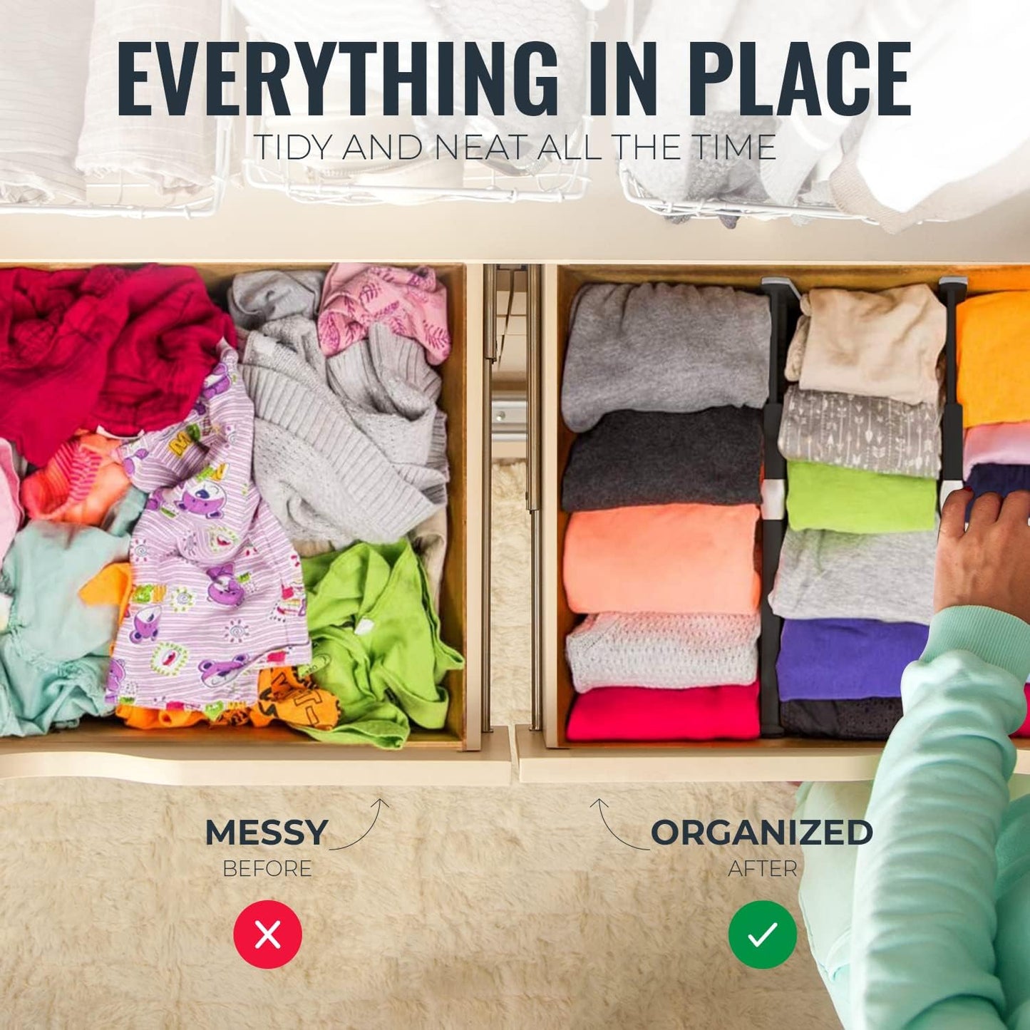 RAPTUROUS Deep Drawer Dividers 8 Pack, 6 Inch Tall, 13-22 Inch Long Expandable, Adjustable Drawer Organizer for Clothing, Dresser, Kitchen, Strong Hold, Soft Foam Edges, Black