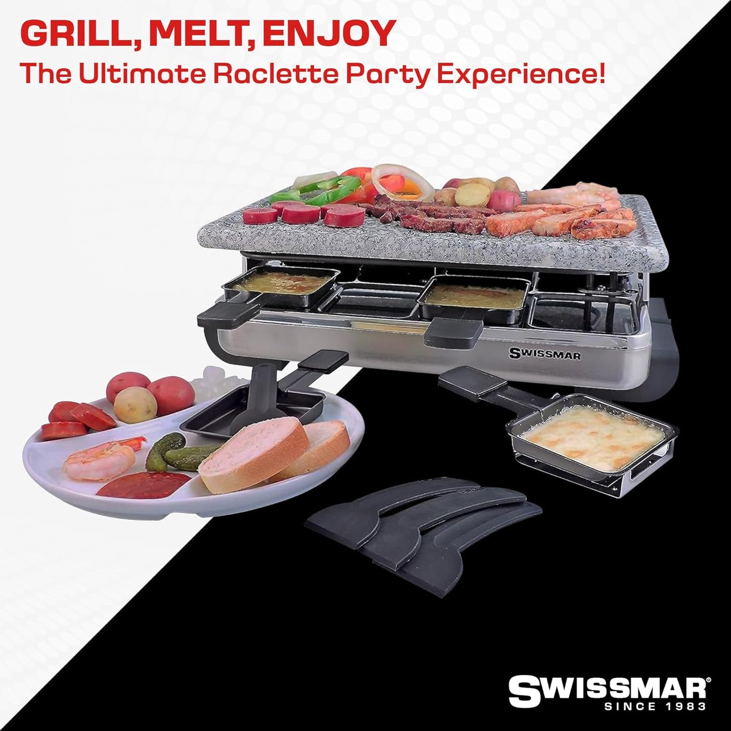 Swissmar Stelvio Raclette Party Grill with Granite Stone Non-Stick Grill Plate/Crepe Top, Outdoor & Indoor Electric BBQ Grill, Samgyupsal Griller - Brushed Stainless Steel - 8-Person - Silver