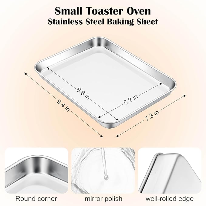 E-far Mini Toaster Oven Tray, 9.4”x7.3” Stainless Steel Baking Cookie Sheet, Small Non-toxic Metal Baking Pan for Cake, Rust Free & Warp Free, Mirror Finish & Dishwasher Safe, 1 Pack