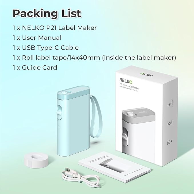 Nelko Label Maker Machine with Tape, P21 Bluetooth Label Printer, Wireless Mini Label Makers with Multiple Templates for School Office Home, Cyan