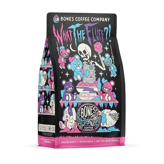 Bones Coffee Company What the Fluff?! Berry Cotton Candy Flavored Coffee, Medium Roast Low Acid Arabica Beans Compatible with Auto drip and French Press Coffee Maker, 12 Oz Whole Bean
