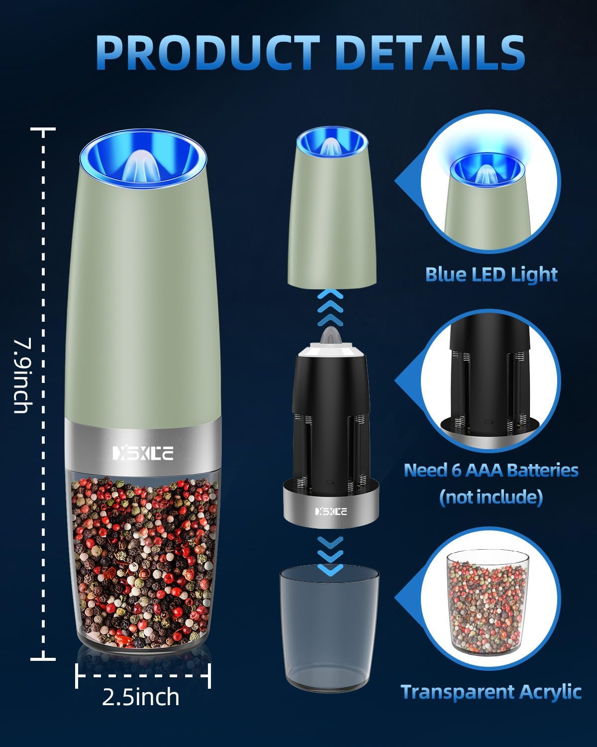 XinXu Gravity Automatic Electric Pepper and Salt Grinder, Auto Salt or Pepper Mill Shaker Stainless Steel,Blue LED Light,One Hand Operated, (Set/Light Green)