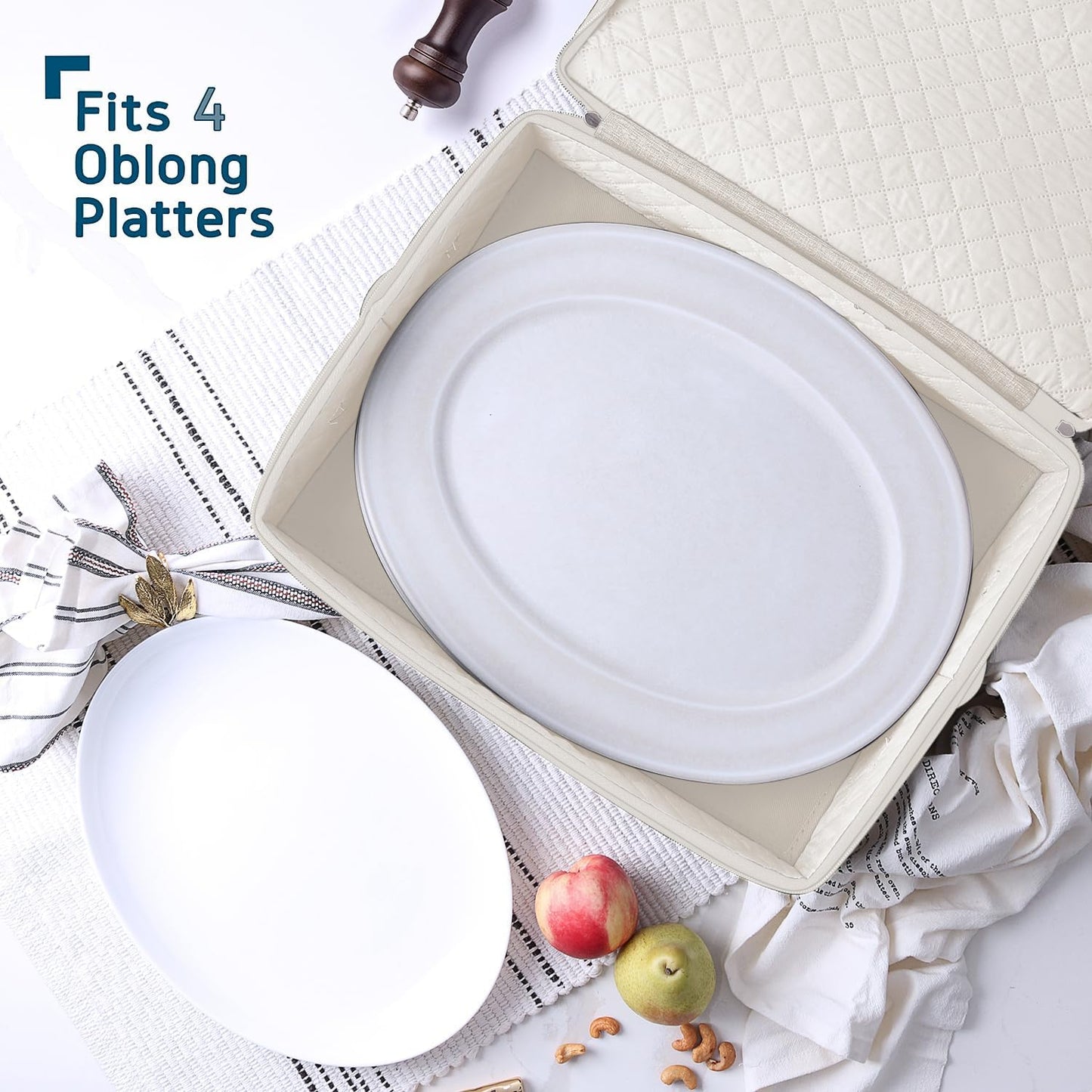 Platter Storage Case – Fine China Storage Containers Hard Shell, Quilted and Stackable 16”x 12.5”x 3.5” Platter Storage Container with Handles and Felt Dividers for Moving and Seasonal Storage, Cream