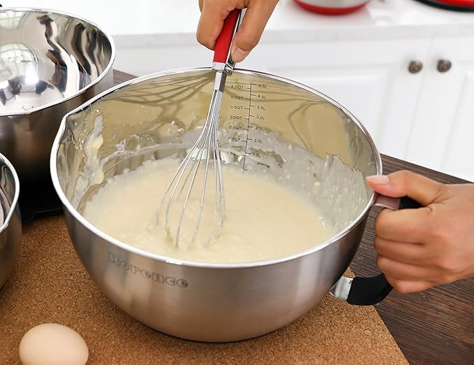 Rorence Stainless Steel Non-Slip Mixing Bowls With Pour Spout, Handle and Lid, Set of 3, Black