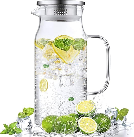 1.2 Liter 40 oz Small Glass Pitcher with Lid and Spout, Glass Carafe for Hot/Cold Water, Iced Tea Jug for Coffee, Juice and Homemade Beverage